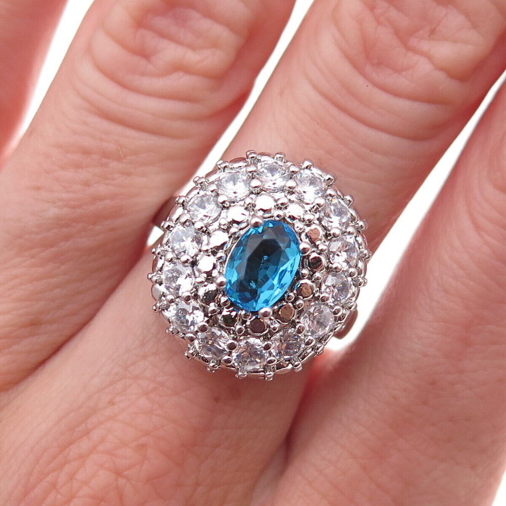 925 Sterling Silver Oval-Cut Blue & Round-Cut White C Z Ring Size 7